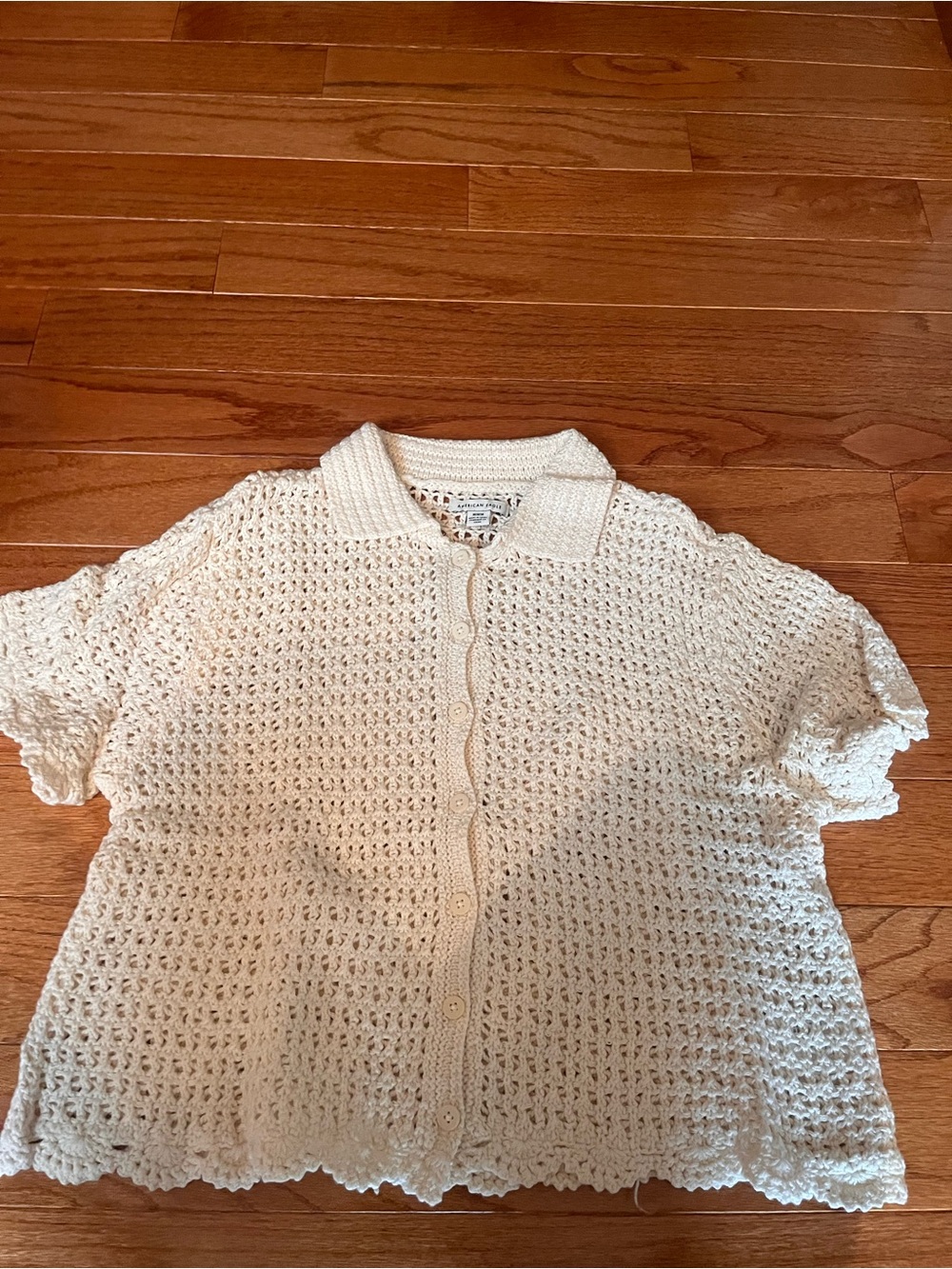 American Eagle Cream Crochet Button-Front Short Sleeve Cardigan